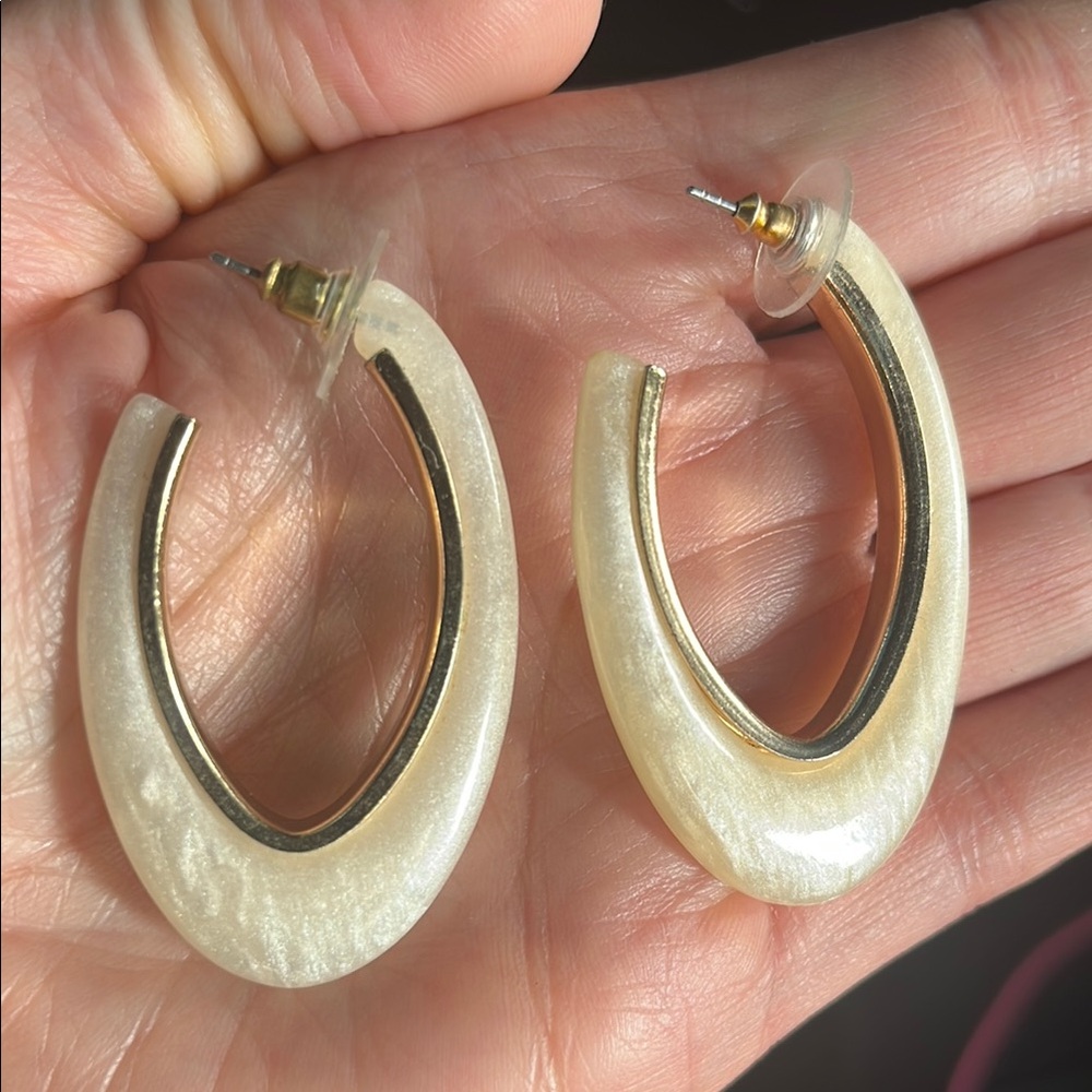Cream and Gold Crescent Hoop Earrings
